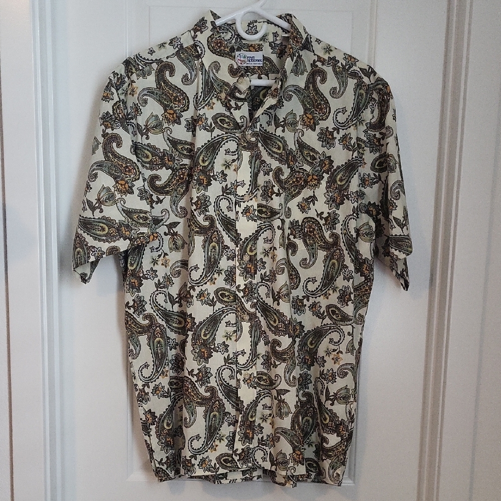 Reyn Spooner Cream and Brown Casual Button Down Shirt
